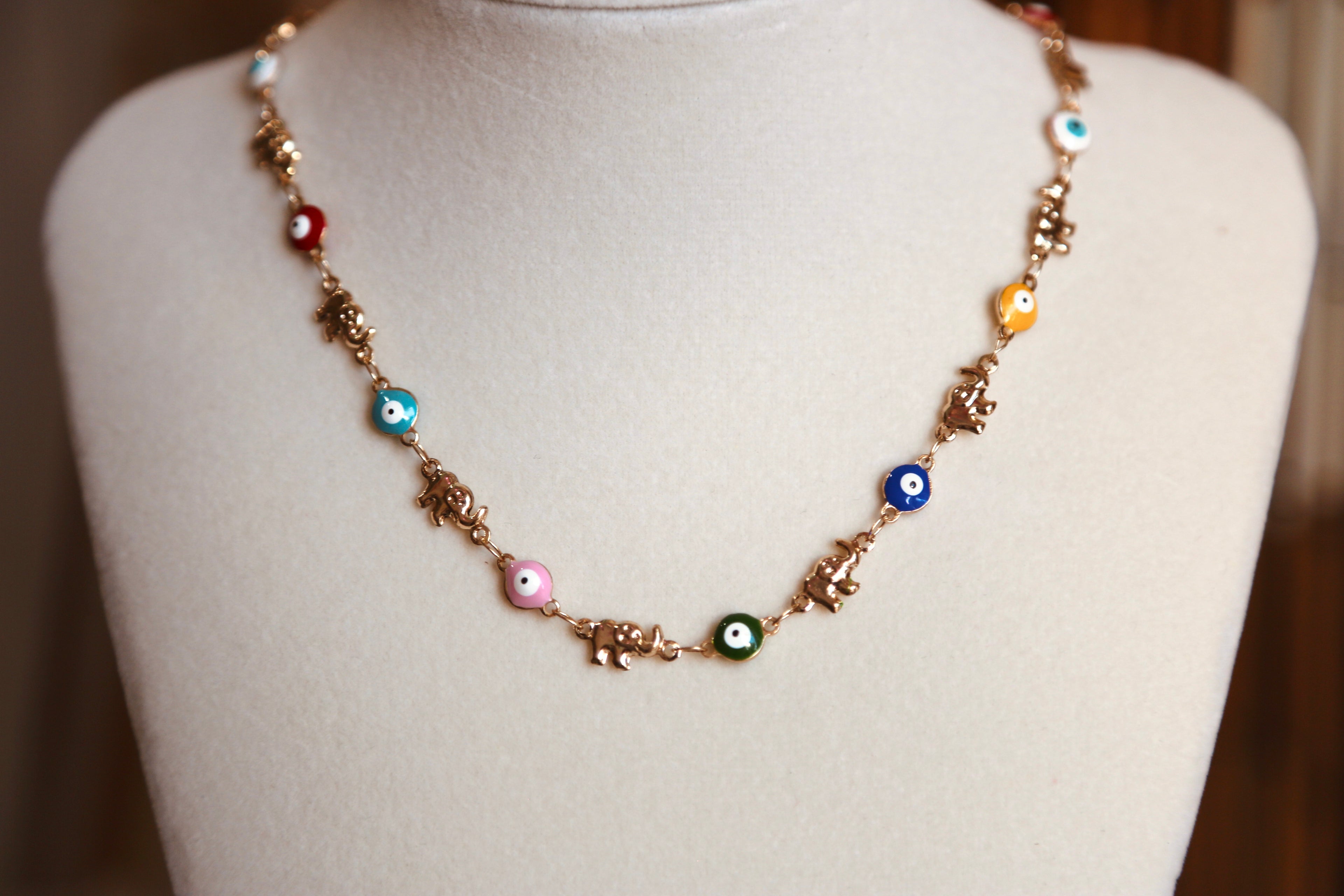 Elephant and Rainbow Evil Eye Necklace - Gold Plated