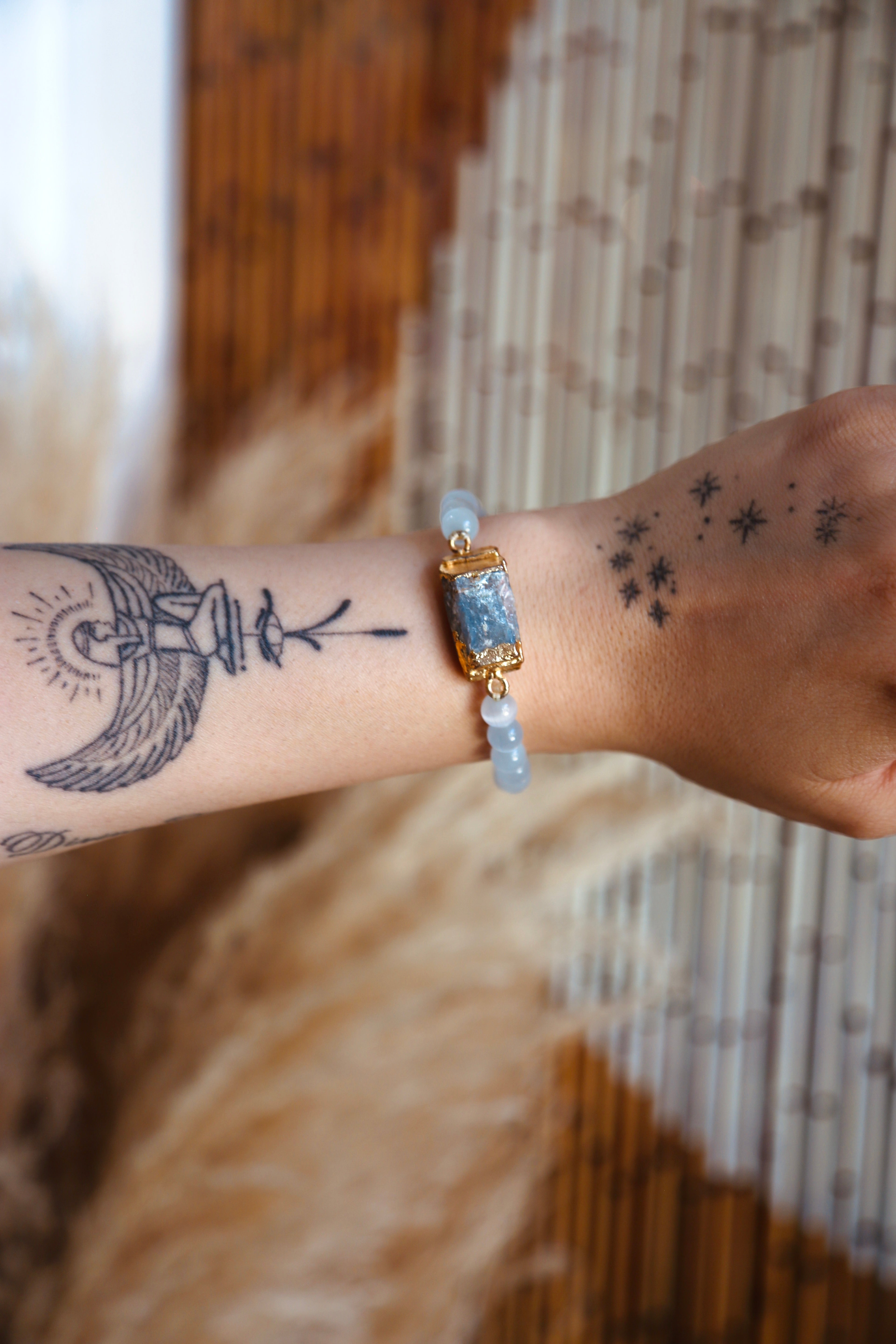 Raw Blue Kyanite and Selenite Polished Crystal Bead Bracelet