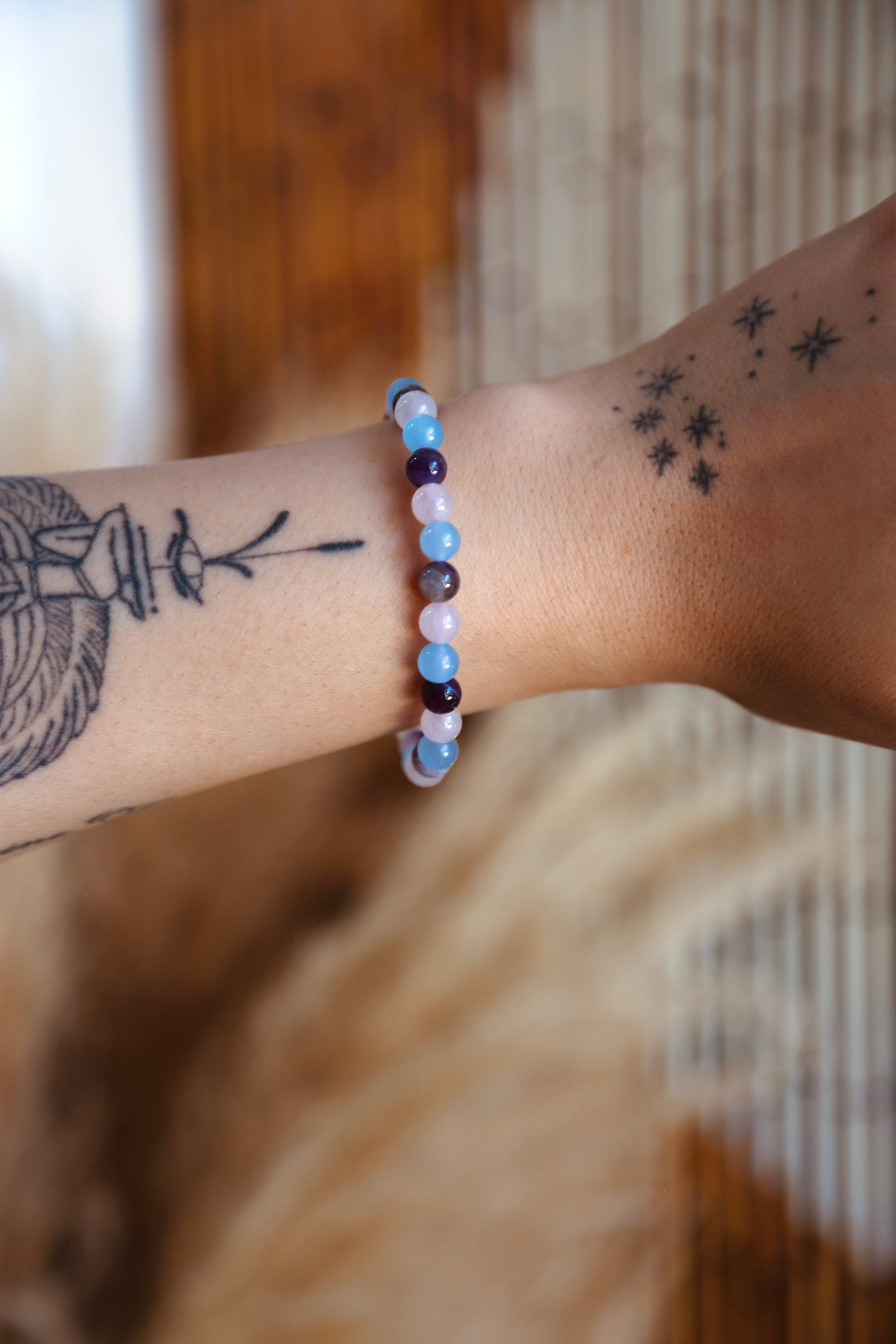 Amethyst, Blue Calcite, and Rose Quartz Polished Crystal Beaded Bracelet