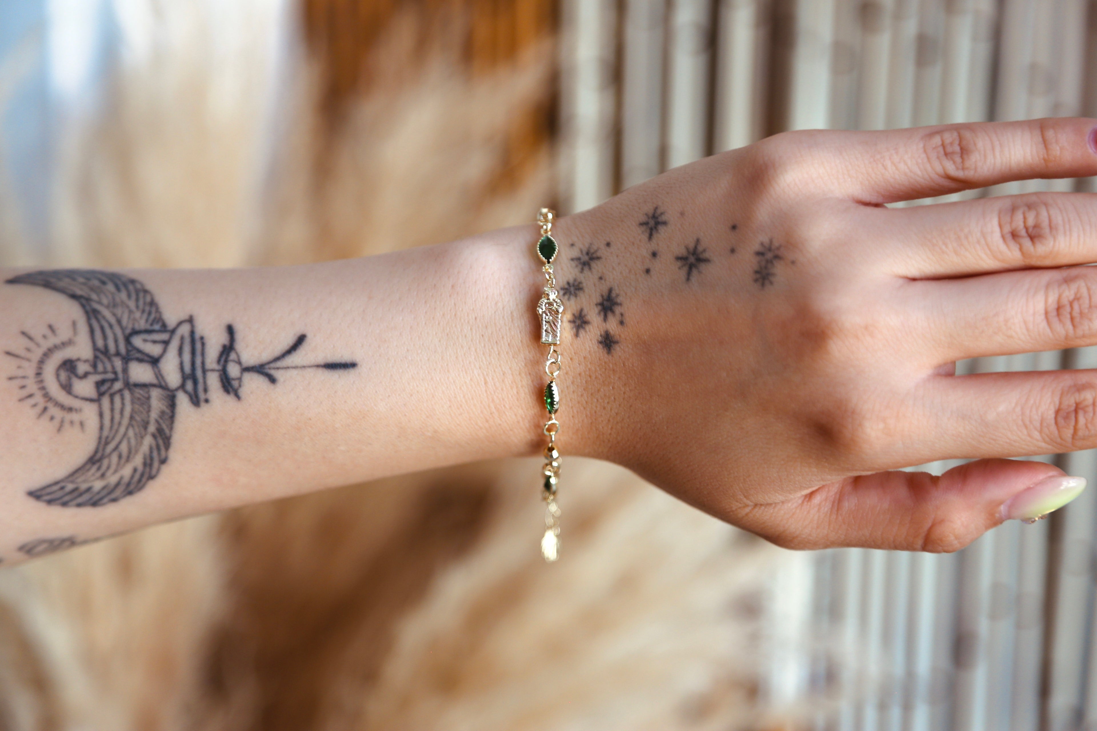 Saint Jude Bracelet With Green Gems - Gold Plated