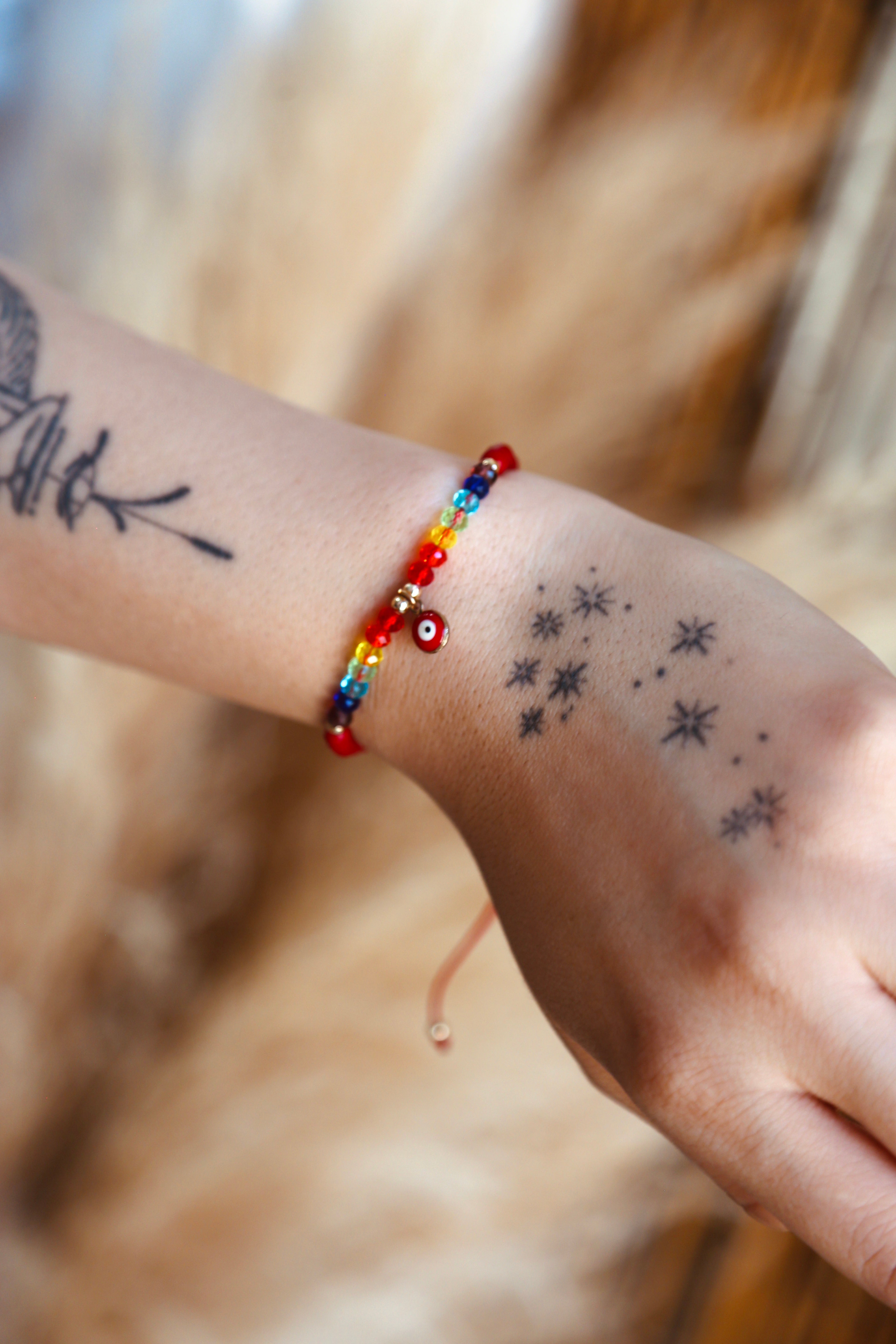 Adjustable Red Evil Eye and Rainbow Bead Bracelet